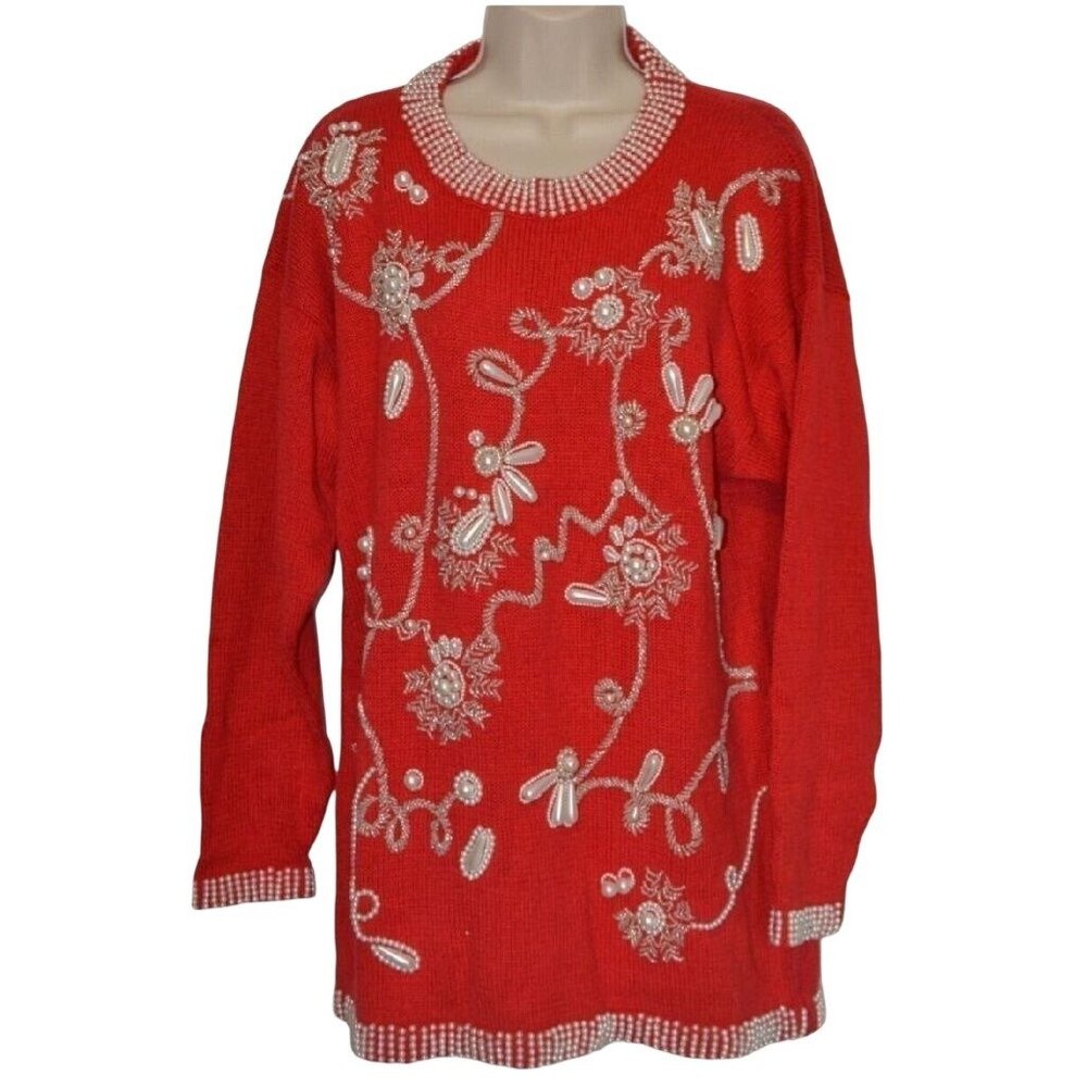 Vintage 80s Lisa Ashley Sequin Beads Sweater Sz M Pearl Rhinestone Red Oversized